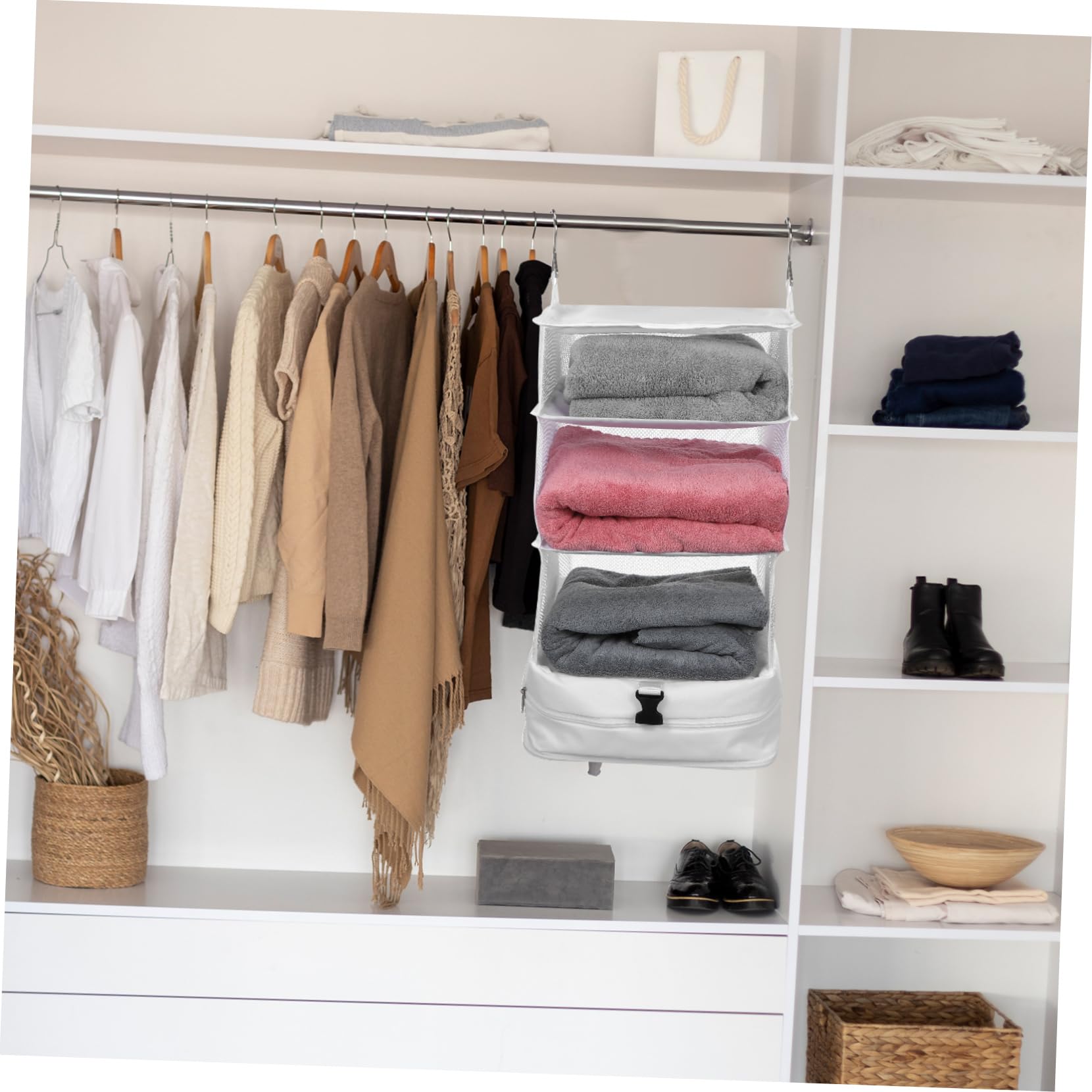 SHERCHPRY Organisateur de Rangement Suspendu pour Placard, Paquet de Rangement à 3 Niveaux, Tissu Oxford Blanc, Compartiments Multiples, pour Voyage et Dressing