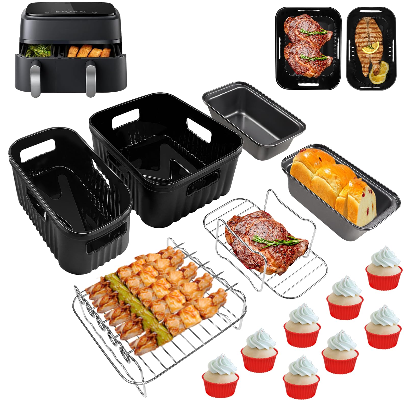 Akcesoria do Airfryer dla Philips Dual Basket 3000/5000-serie 6L/3L, Tefal Dual Easy Fry 5,2/3,1 L EY9018, 14 sztuk silikonowe formy do fritkownicy do Philips 9L (NA350/00, NA550/00), Tefal 8,3 L