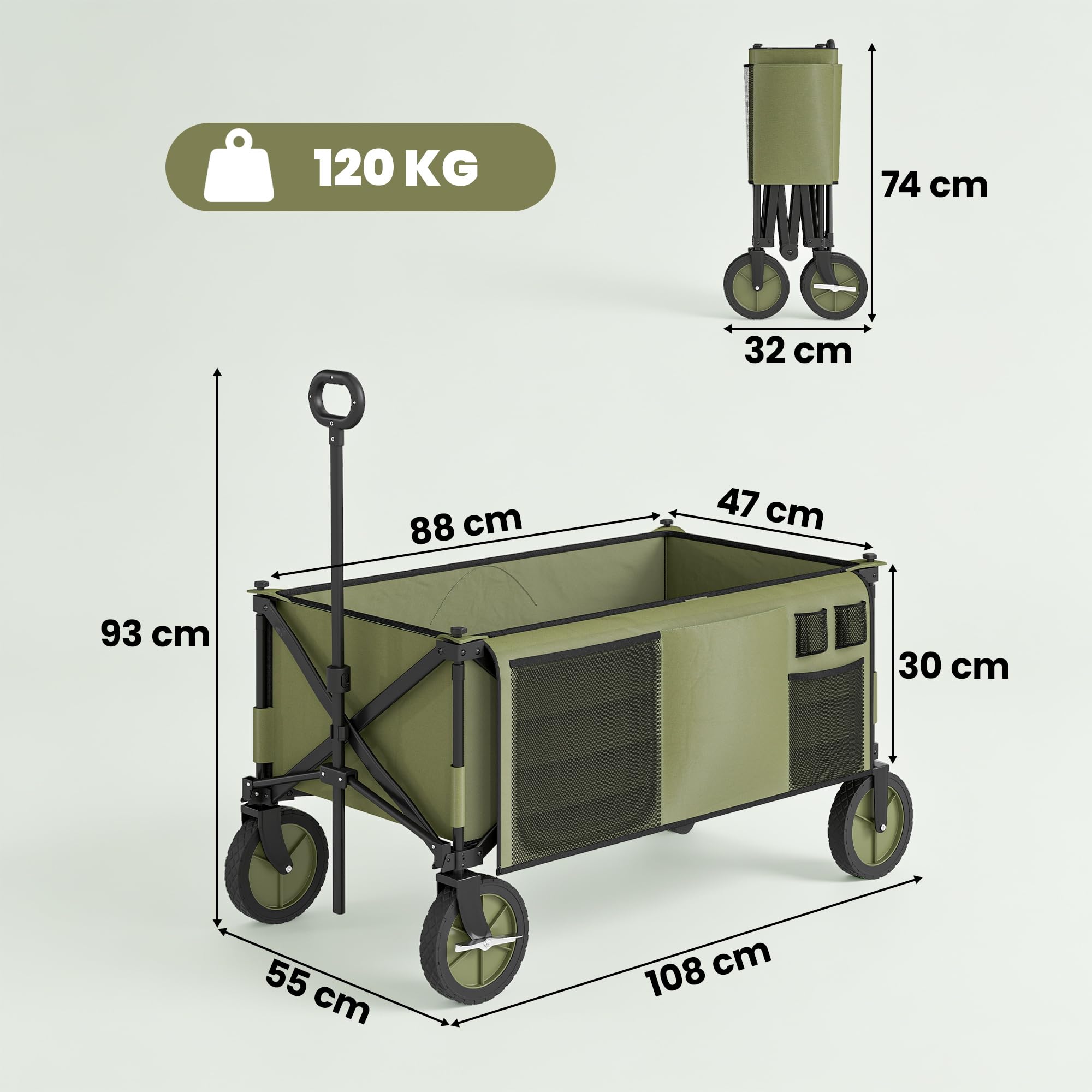 Outsunny Carro Plegable de Jardín con Ruedas Carro para Playa con Mango Telescópico Tablero Plegable 5 Bolsas Marco de Acero Carga 100 kg para Compra Patio 108x55x93 cm Verde
