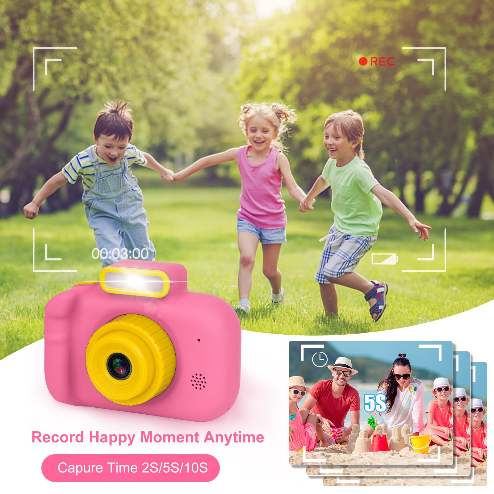Cámara para niños, cámara digital rosa para selfie, juguetes de cumpleaños para niñas de 3 a 9 años, grabadora de video digital HD portátil para niños con tarjeta SD de 32G, juguetes para niños de 3 4