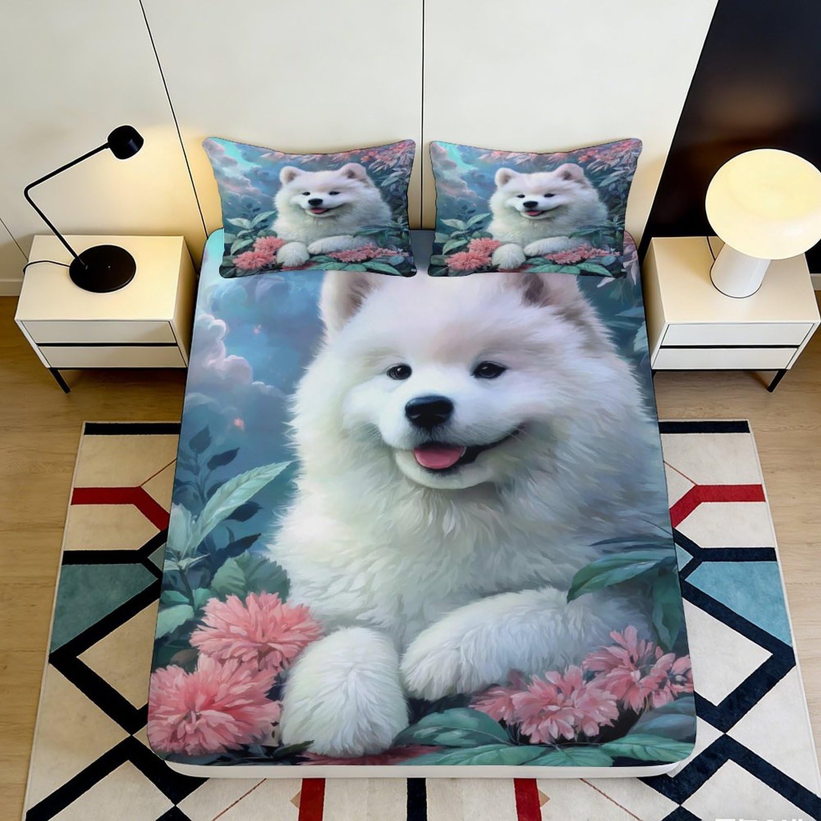 3D Printed Samoyed Dog Fitted Sheet Microfiber Soft Breathable Floral Bed Cover for Bedroom Dormitory Guest Room Mattress Protection Decor 160x200x25cm