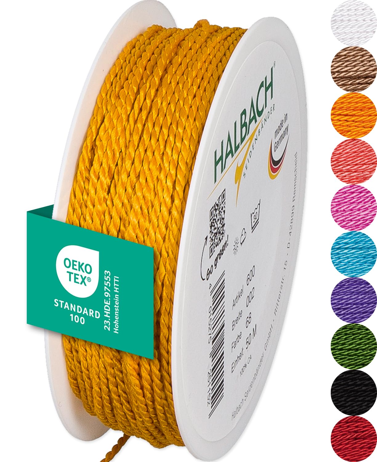 Halbach Seidenbänder Premium Kordel (orange) | Breite 2mm Länge 50m | Made in Germany & Öko-Tex Zertifiziert | glänzende Satinkordel aus Acetat