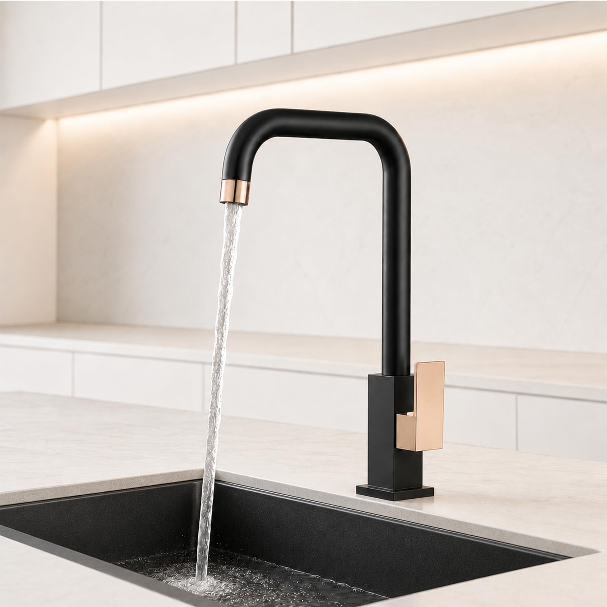 Carissa by Carysil™ Rivera-01 Kitchen Sink Faucet, Deck Mounted, 360° Swivel High-Arc Tap, Single Lever Cold Water, 3-Layer Corrosion Protection, High Water Flow, 5-Year Warranty (Black/Rose Gold)-image-27