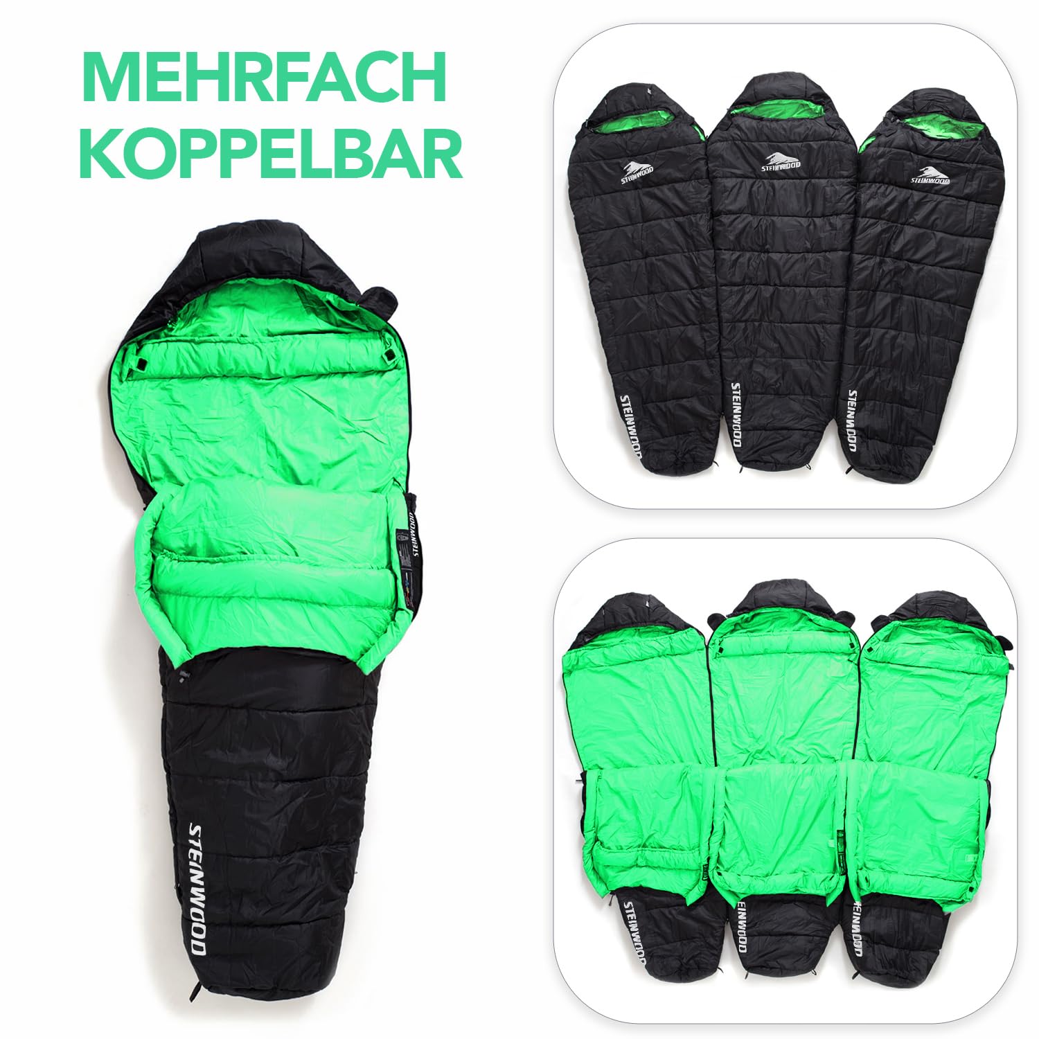 Steinwood Premium Schlafsack koppelbar extra breit 3-4 Season 210cm - Outdoor-Schlafsack, Mumien-Schlafsack, Hütten-Schlafsack