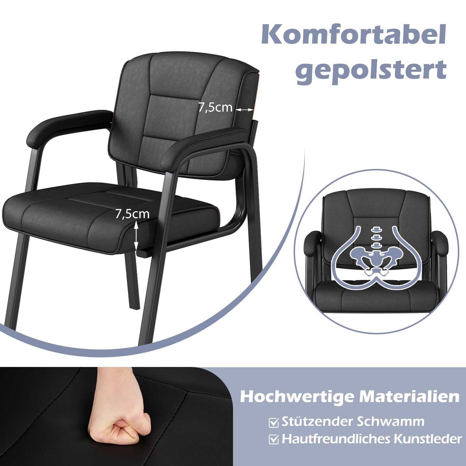 COSTWAY Konferenzstühle 2er Set, Besucherstühle mit Armlehnen und Metallrahmen, Bürostühle, Schwarz
