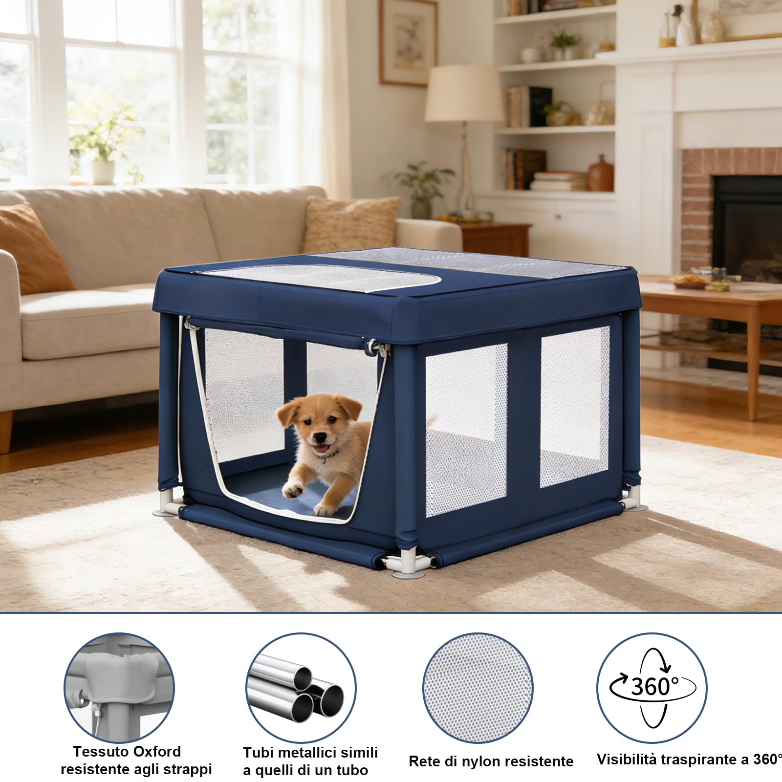 Parc pour Chiots, enclos pour Chiens de Petite Taille, Parc de sécurité pour Animaux de Compagnie avec Tissu renforcé, Filet en Nylon et Tubes en Acier Inoxydable (Blue, 90x90x66cm, 6)