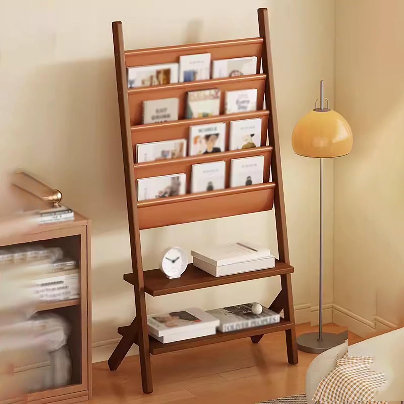 Porte-revues en bois au sol avec cuir PU - Porte-journaux et magazines pour enfants de grande capacité - Porte-brochures de magazines de littérature sur pied - Rangement de bandes dessinées, jouets