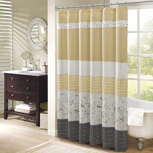 Serene Flora - Cortina de ducha de tela, cortinas de ducha de transición bordadas para baño, 72 x 72 pulgadas, color amarillo