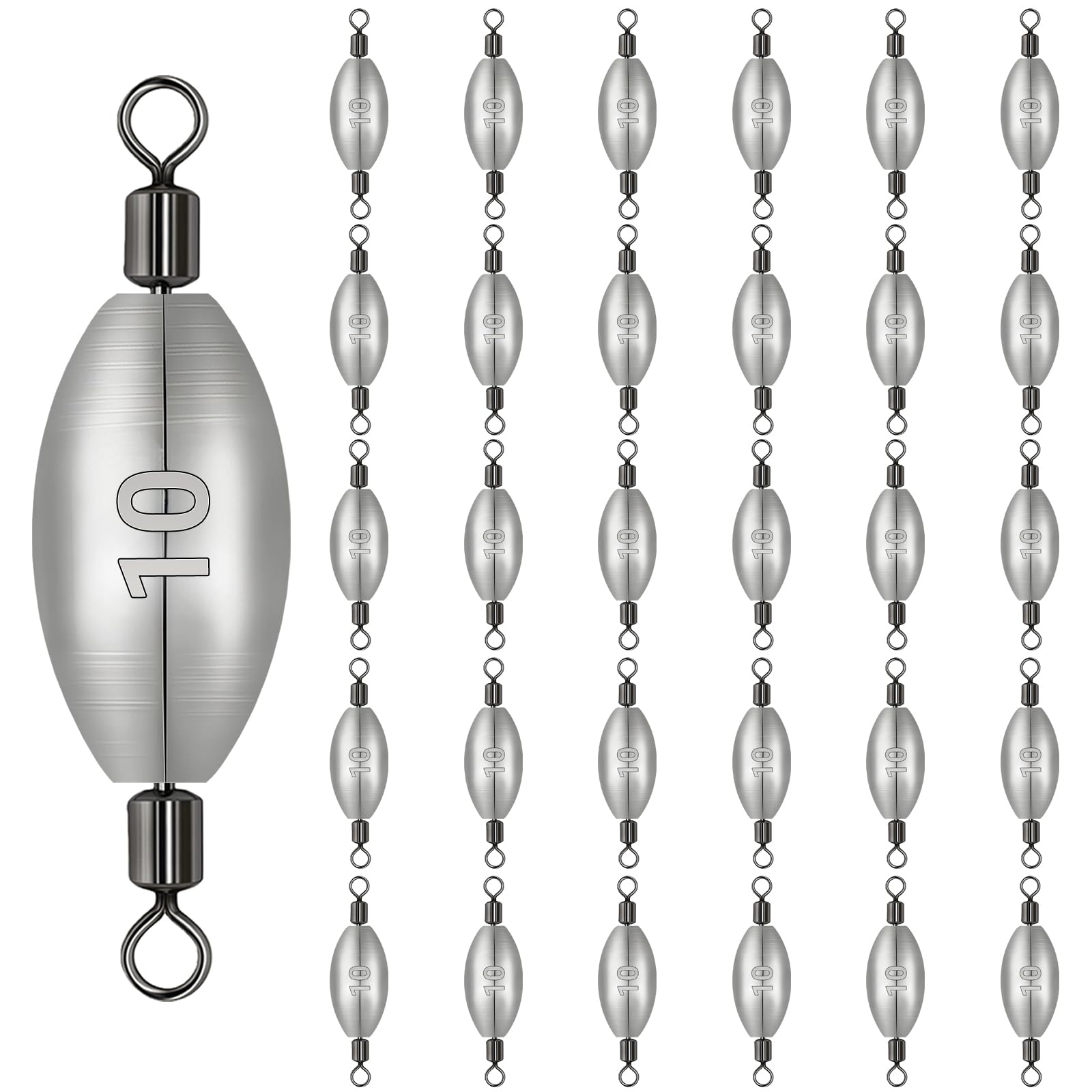 30pcs 10g Fishing Weights Sinkers, Inline Trolling Weights with Inner Swivels, Egg Sinkers for Saltwater Freshwater Fishing Tackle