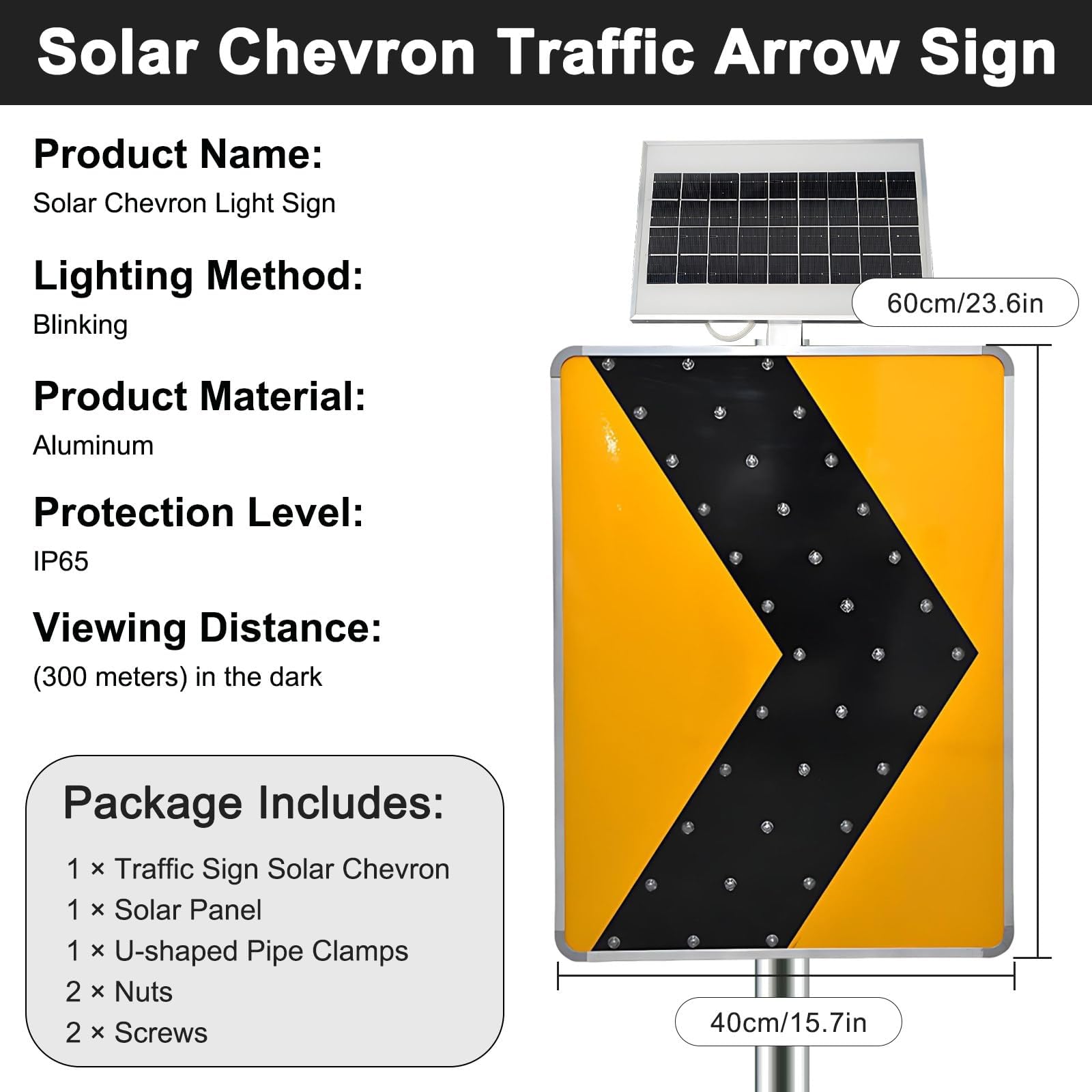 Letrero Luminoso Led Solar De 16" X 24", Letrero Rectangular con Flecha Derecha Y Chevron, Material Reflectante De Alta Intensidad, Distancia Visual: 300 M.