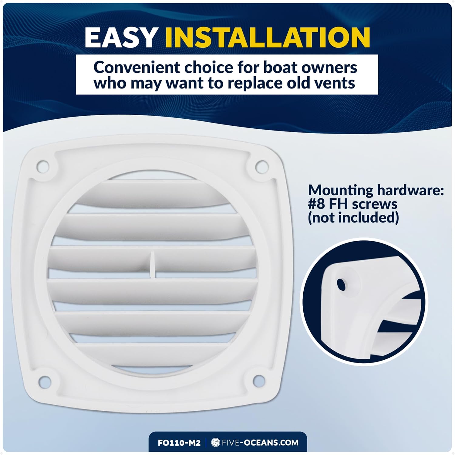 Five Oceans 6-Slotted Louvered Flush Hose Ventilators, 3-Inch Ventilation Area Diameter, ABS Plastic White/Black