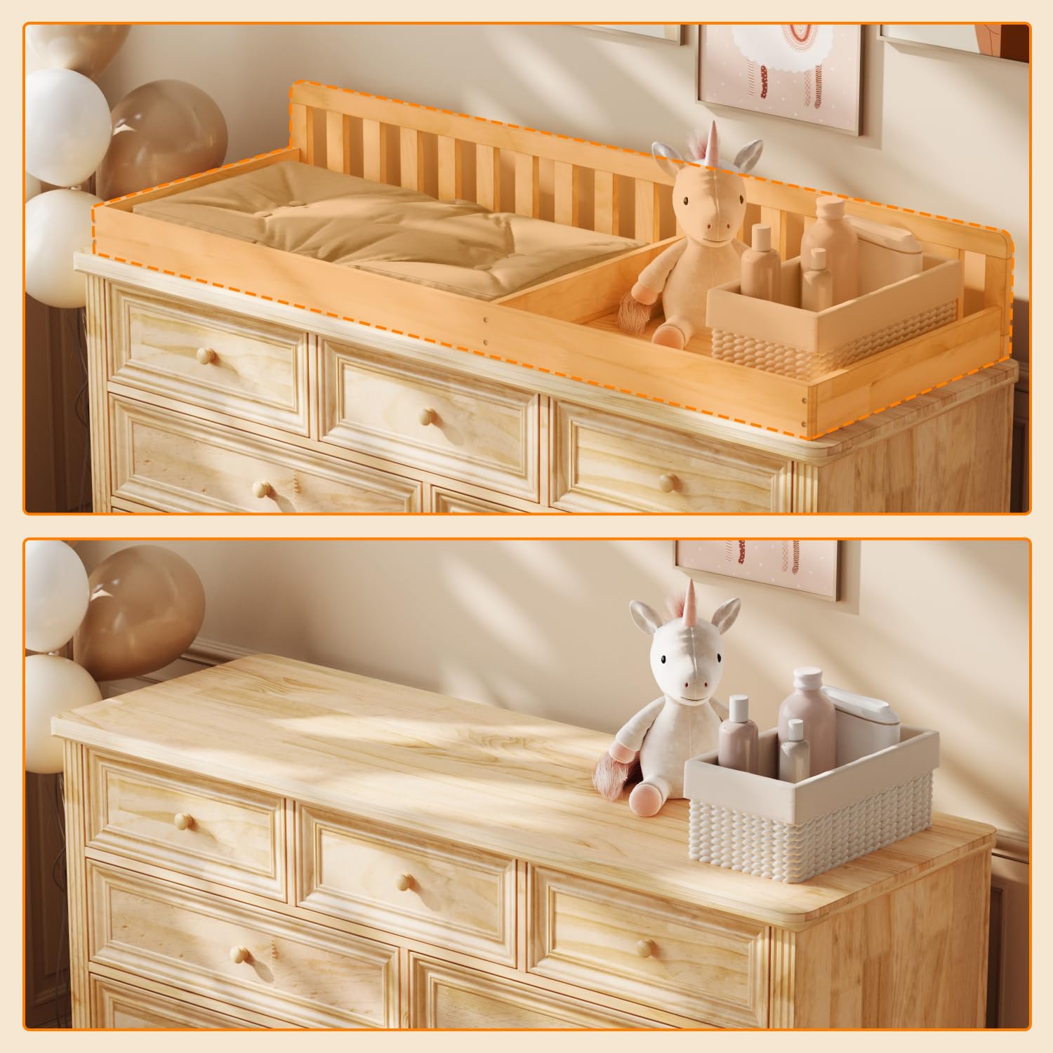 Cambiador grande de madera maciza, 9 cajones, borde extra alto, cómoda para pañales con gran espacio de almacenamiento, 140 × 48 × 102 cm, color natural