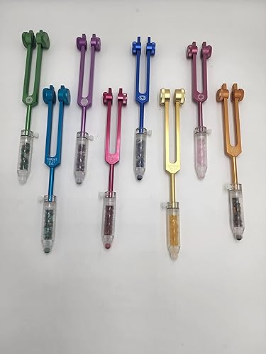 Miniatura 2 de YANTRA Chakra - Juego de 8 diapasones ponderados con gema acrílica fusionada, varita extraíble para masaje de aceite, acupresión, terapia