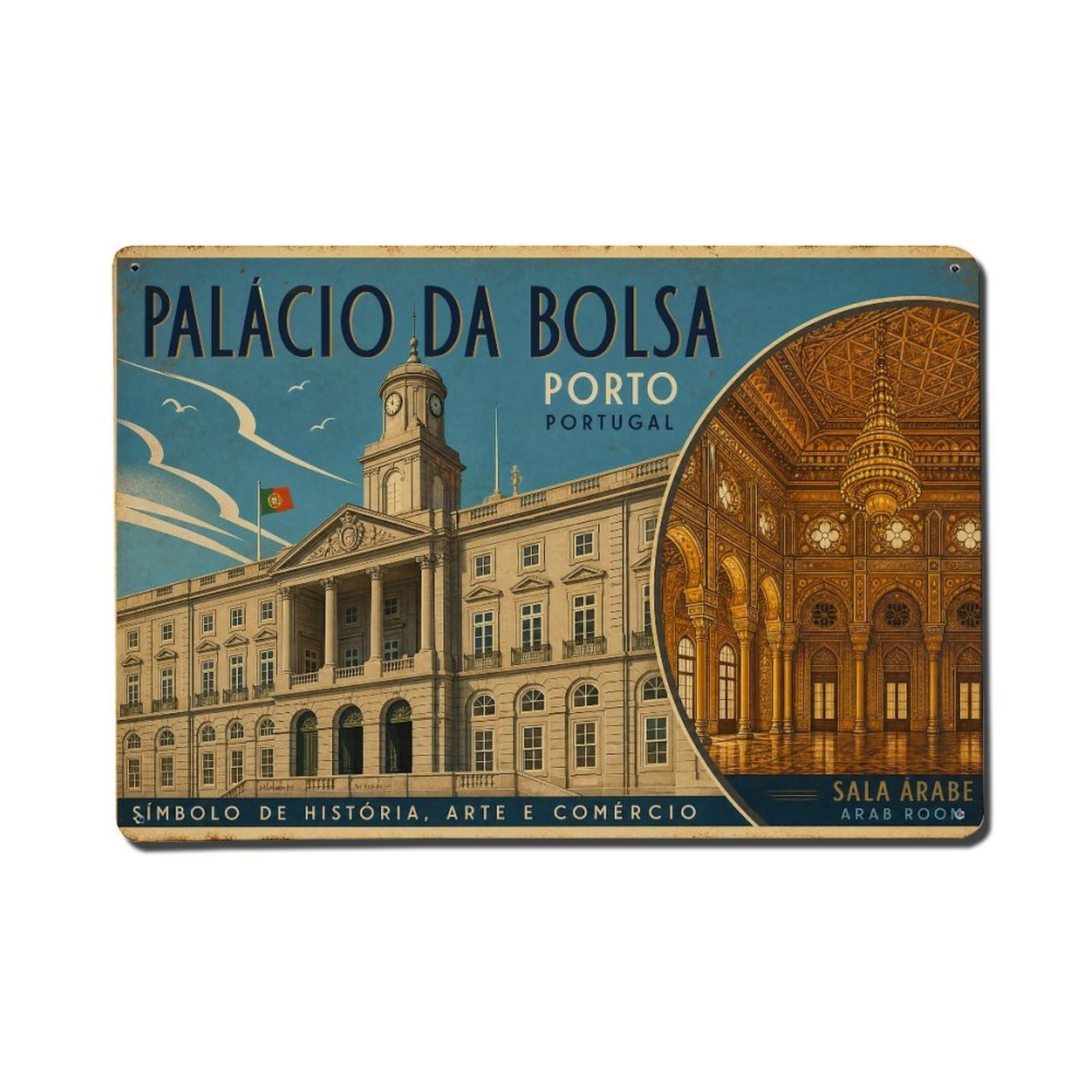 Vintage Travel Palacio Bolsa Stock Exchange Portugal Metal Tin Sign Wall Decor for Cafe, Club, Garden Metal Poster 8x12Inch