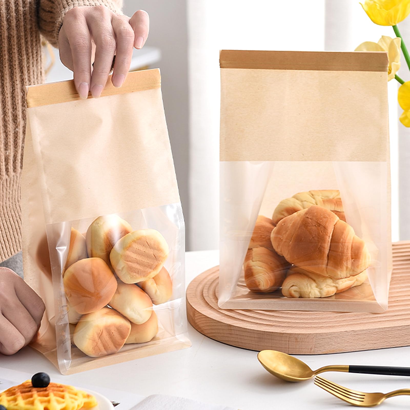 Ocmoiy 50 bolsas de panadería con ventana, bolsa de pan resellable, bolsas de pan con cierre frontal transparente para empacar galletas, pan, palomitas de maíz, bolsas de papel