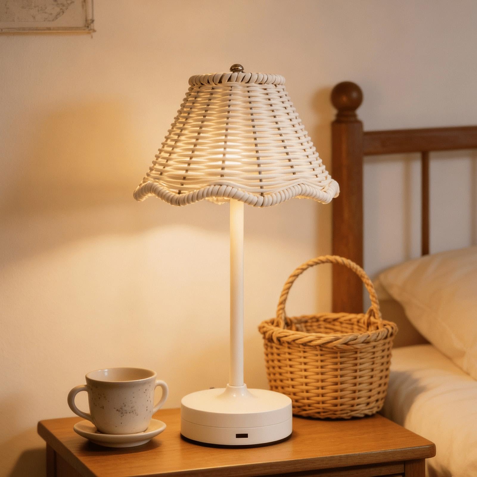 Rattan Table Lamp, 32CM Rattan Rechargeable Cordless Table Lamp, LED Wicker Bedside Tables Lamps for Living Room Bedroom, 3 Colours Dimmable Touch Control Wicker Bedside Lamps Reading Night Lights