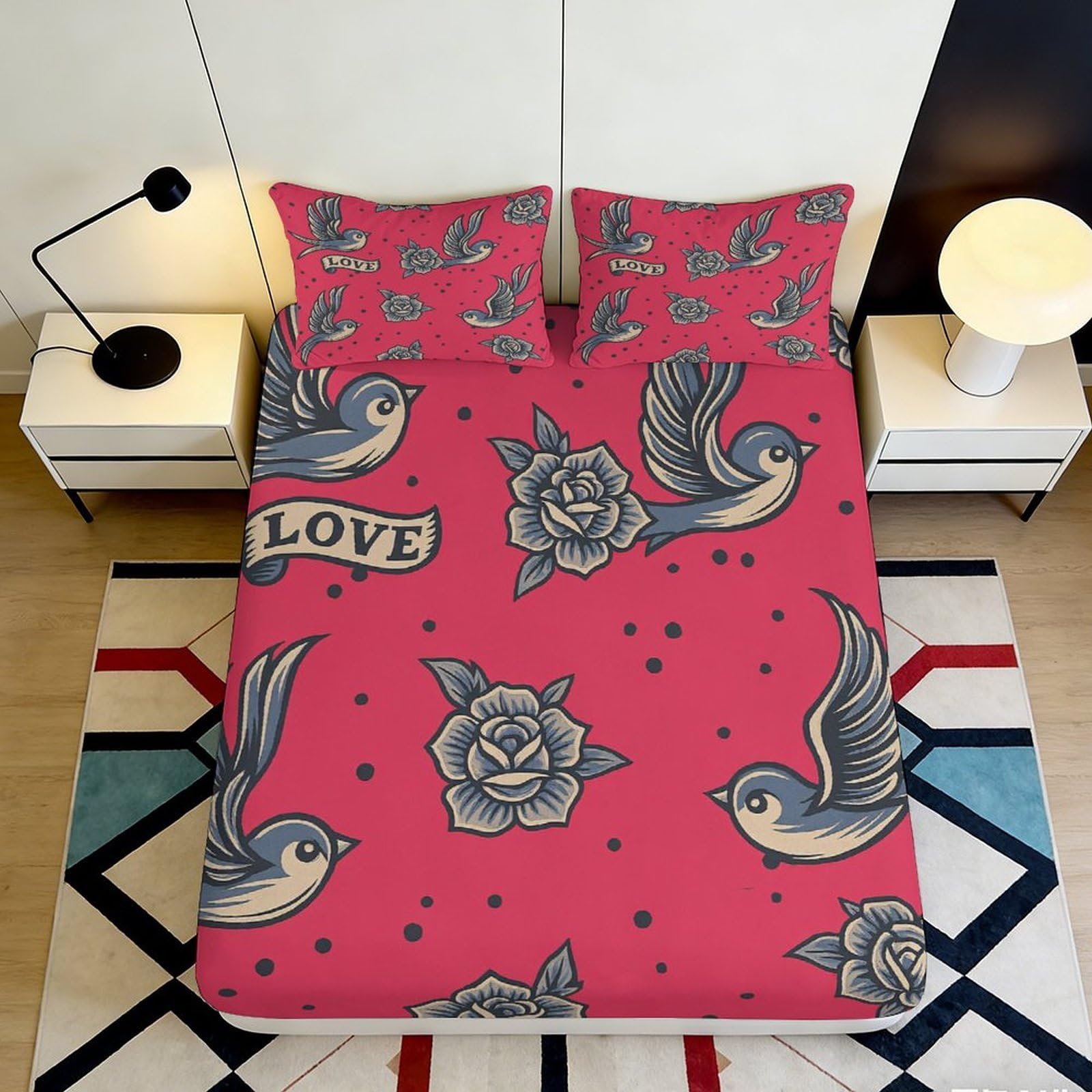 3D Printed Tattoo Swallow Fitted Sheet Microfiber Rose Bed Cover for Bedroom Guest Room Mattress Protection Decor 90x200x25cm