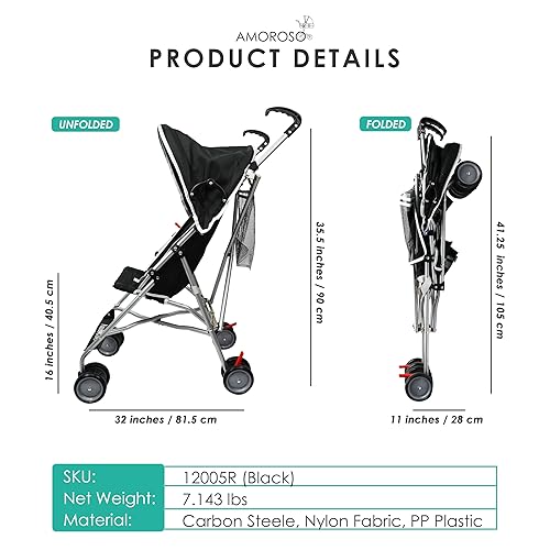 Miniatura 2 de AmorosO Cochecito de un solo paraguas  Cochecito ligero listo para viajar con ruedas de EVA y protección solar  RojoNegro