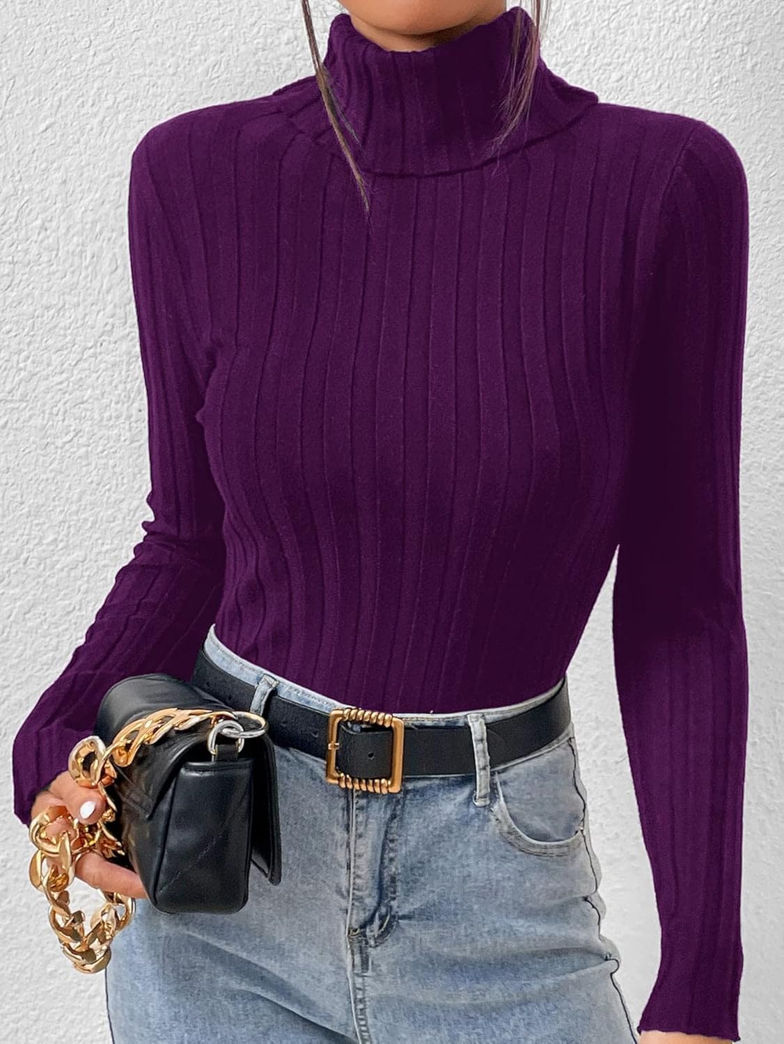 ESENTL Women's Sweater Turtleneck Ribbed Knit Sweater Sweater for Women (Color : Purple, Size : Large)