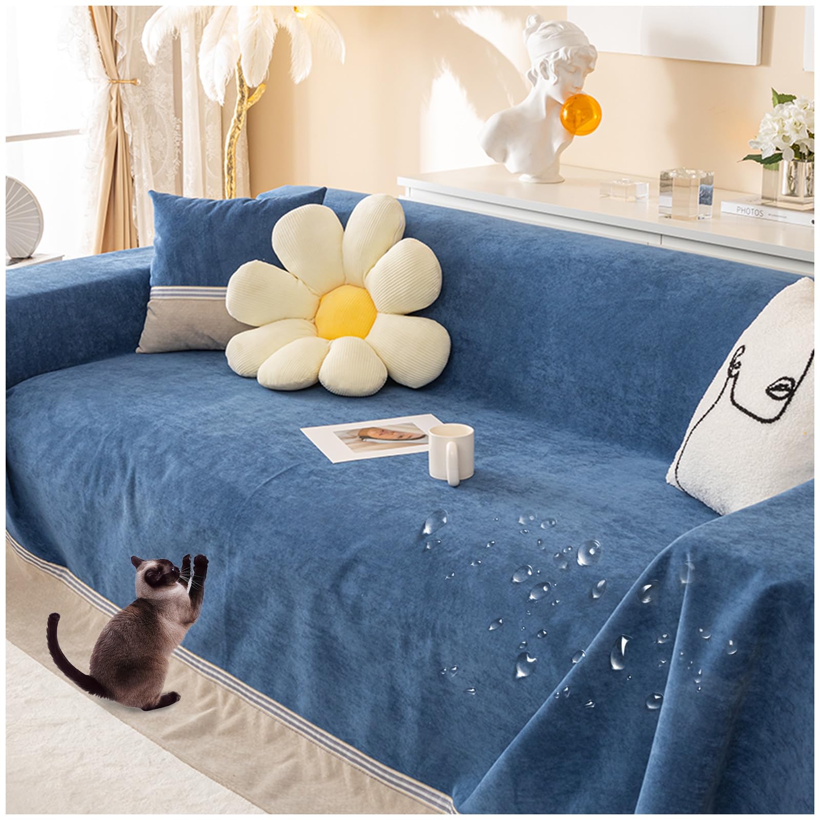 Protege Canape Impermeable Protection Couverture Canape Chat Anti Griffe Housse De Canapé Antidérapante en Forme De L Housses De Canapé 1 2 3 4 Places (Bleu Foncé,200 * 180cm)