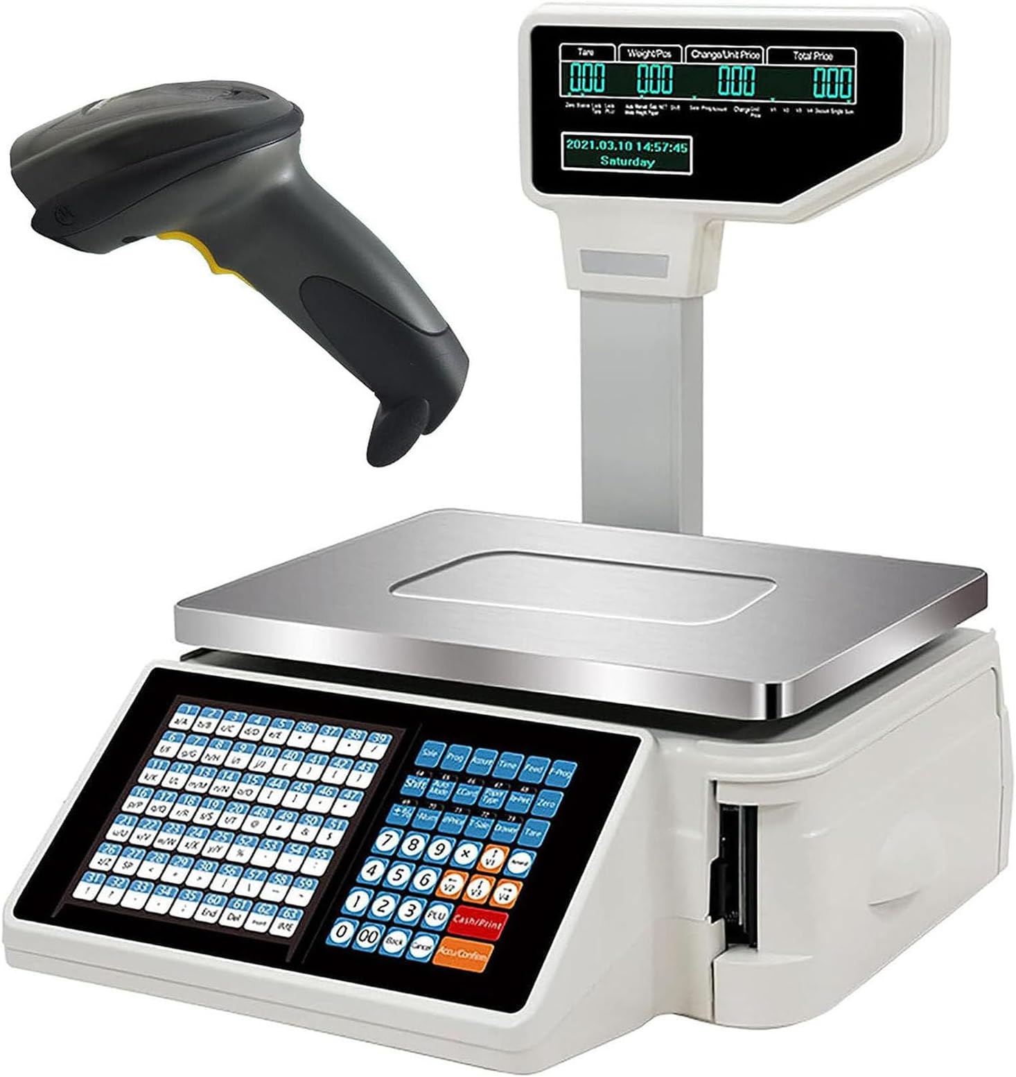 Oiyekntd Label Printing Scale Pole Display, Price Computing Scale Commercial Digital Counting Scales 30kg/66lb Capacity with Pole Display and Label Printer for Supermarket Trade,Machine+Scanner