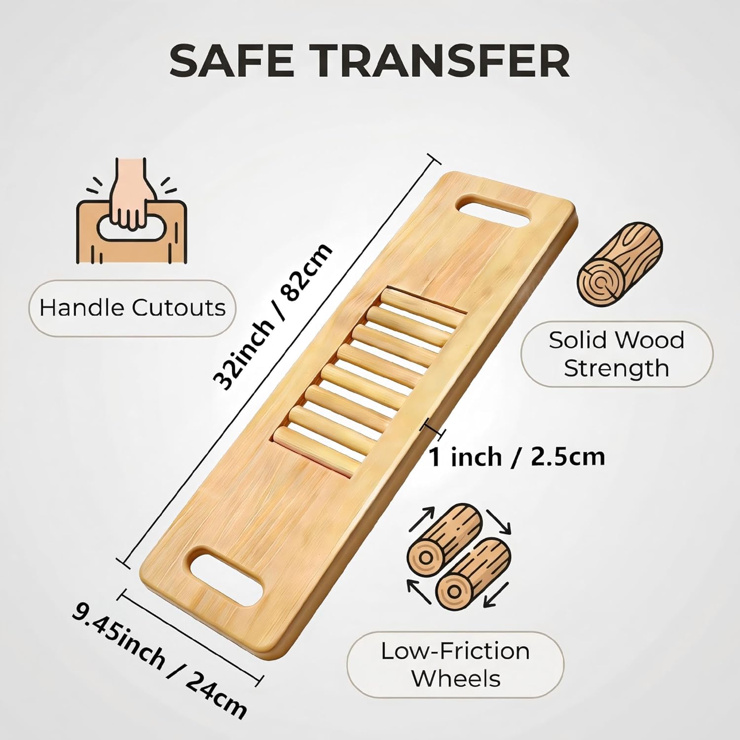Wooden Transfer Board and Slide Board,Central scrollable,Senior and Handicap Move Assist and Slide Transfers, Holds up to 400 Pounds,2 Cut Out Handles(32x10x1”)