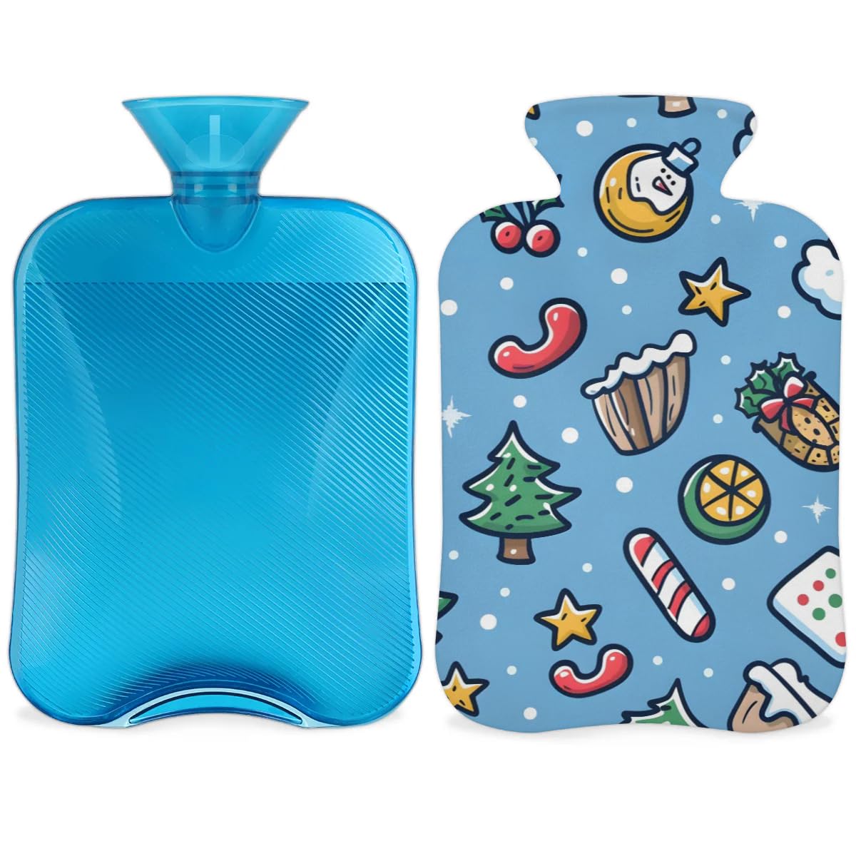 Hot Water Bottle with Soft Cover,2L Cartoon Xmas Biscuit Hot Water Bag for Hot and Cold Compress, Hand Feet Warmer, Rubber Hot or Cold Water Bottle Halloween Christmas Decorations