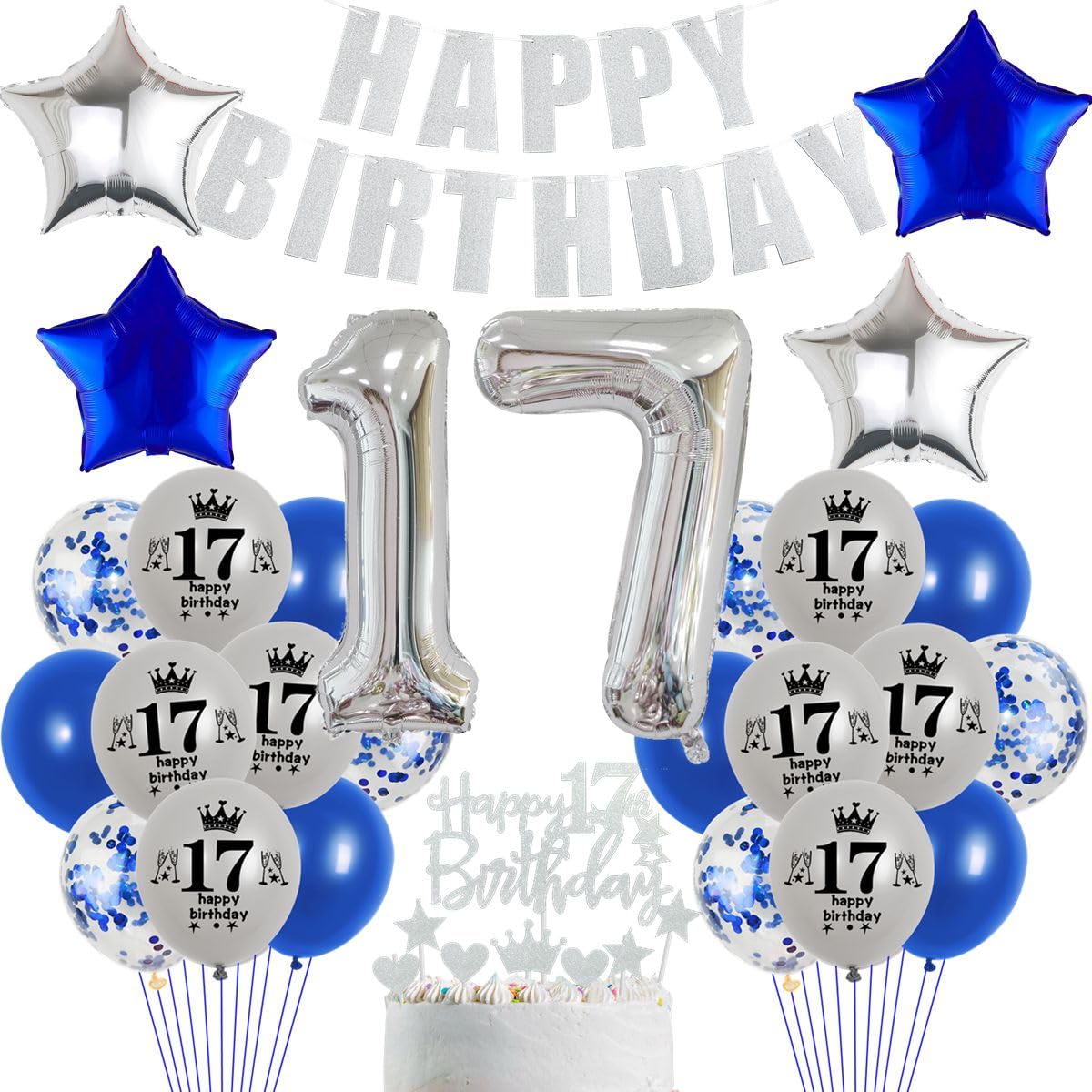 17 años cumpleaños azul plateado Globos 17 años cumpleaños azul marino plateado 17 años decoración fiesta niño 17 años globos azul plateado 17 años azul plateado 17 Años niño decoracion