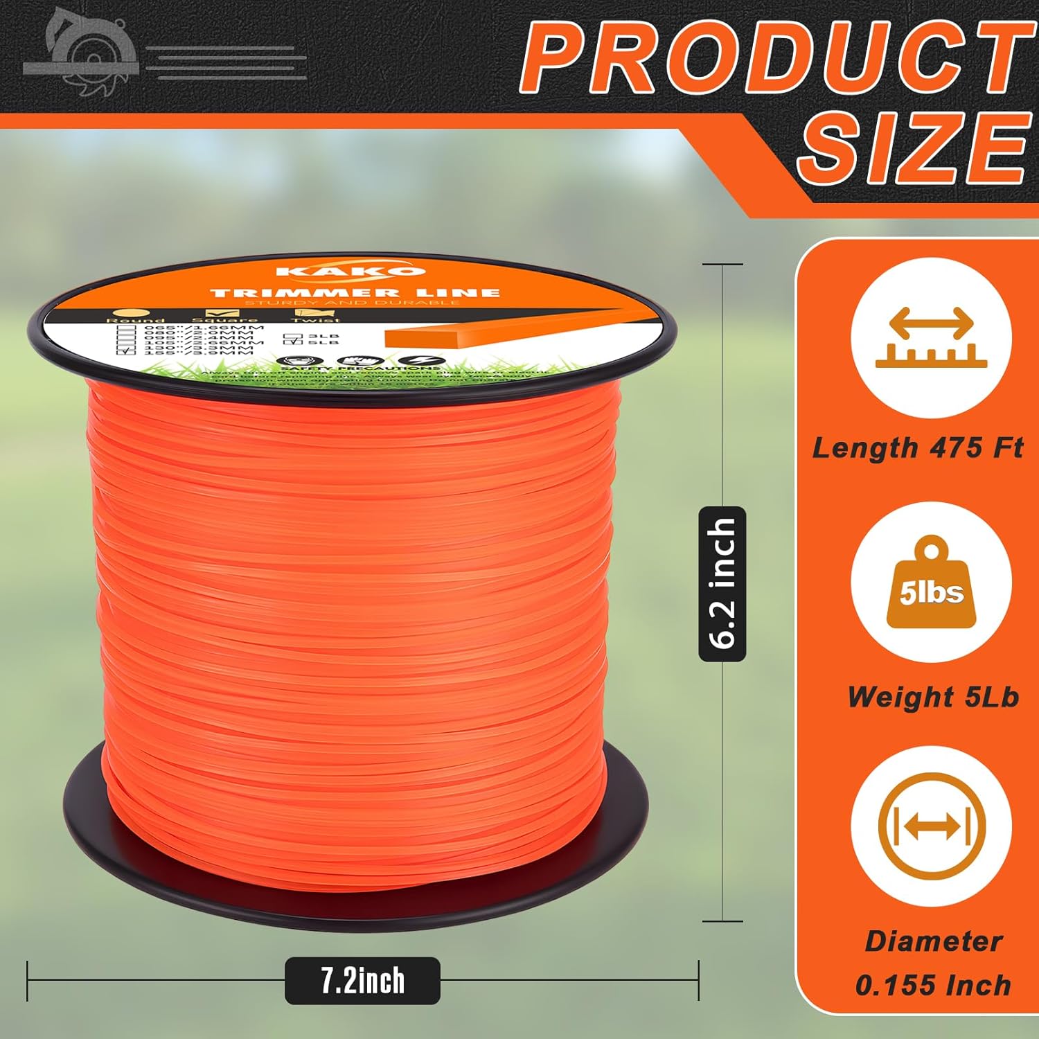 KAKO 155 Trimmer Line, 155 Weed Eater String, 155 Weed Trimmer Line, Square String Trimmer Line .155 Inch-475 Ft-5 Lb, Commercial Nylon Trimmer Line .155 Fits Most String Trimmers(Square)
