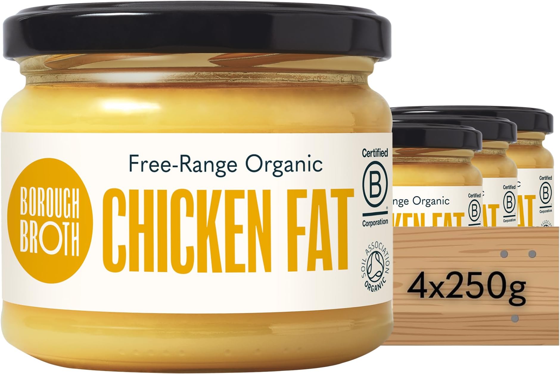 Organic Chicken Fat by Borough Broth - High in Protein, Low Calorie - 100% Natural & Clean Source of Fat - Free-Range Chicken Dripping - Organic Chicken Tallow Perfect for Roasting - 4 x 250g