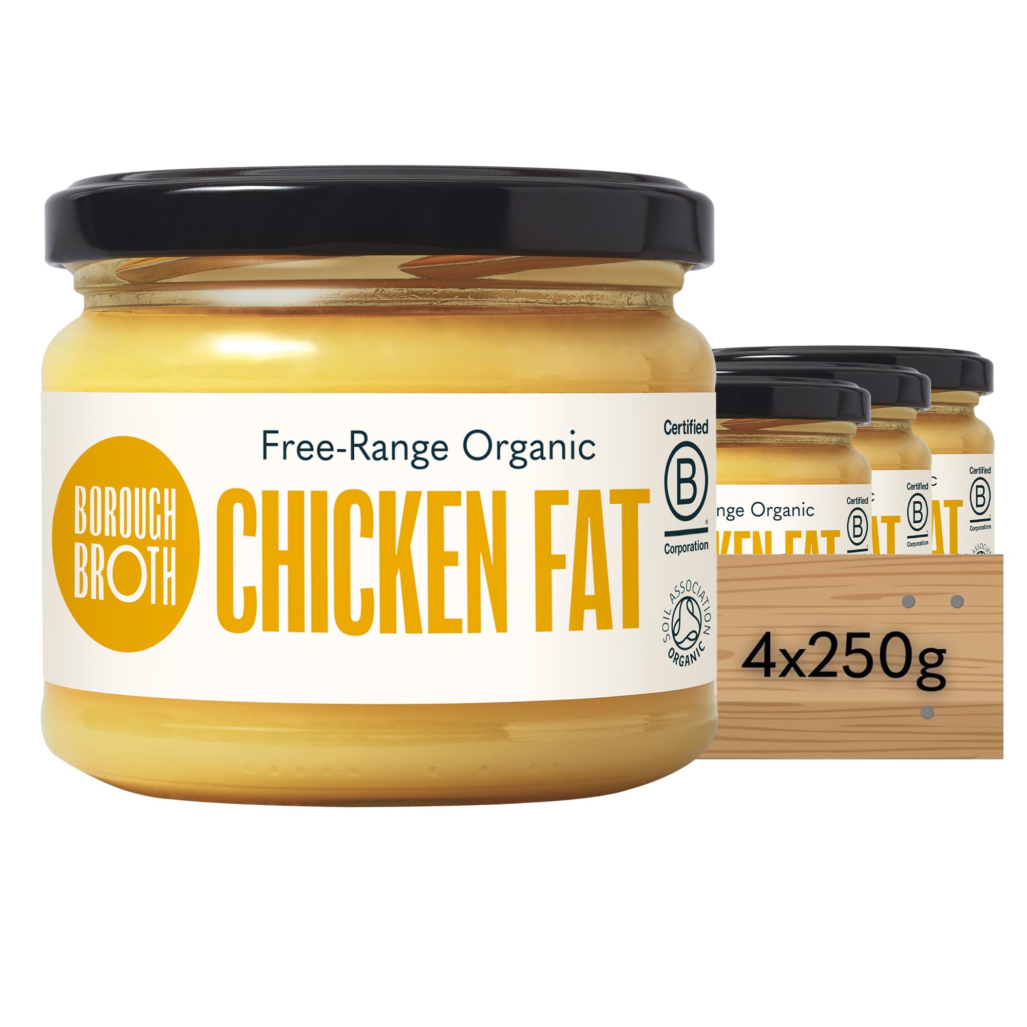 Organic Chicken Fat by Borough Broth - High in Protein, Low Calorie - 100% Natural & Clean Source of Fat - Free-Range Chicken Dripping - Organic Chicken Tallow Perfect for Roasting - 4 x 250g