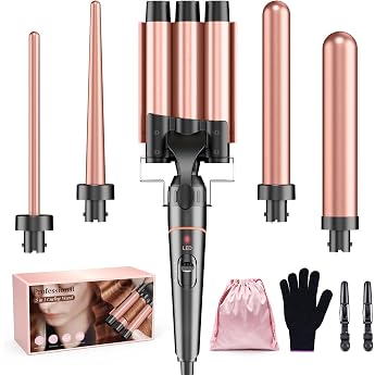 Curling Iron Set 3 Barrels 5-in-1 Bestope Pro Curling Irons Large Curls Ceramic Curlers with Various Gloves 2 clips