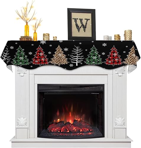 Bufanda de manto de 90 x 17 pulgadas, diseño de rejilla de búfalo negro de Navidad, árbol de Navidad, chimenea, mantel, cubierta de mantel para