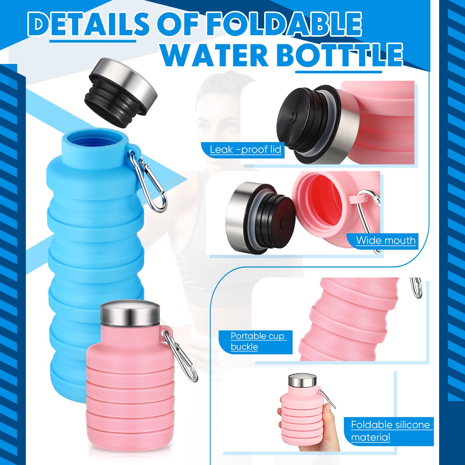 Baderke Faltbare Wasserflaschen aus Silikon, Reiseflasche, faltbar, tragbar, mit Schnalle, leicht, wiederverwendbar, auslaufsicher, für Camping, Wandern, Radfahren, Sport, Rosa, Blau, 2 Stück