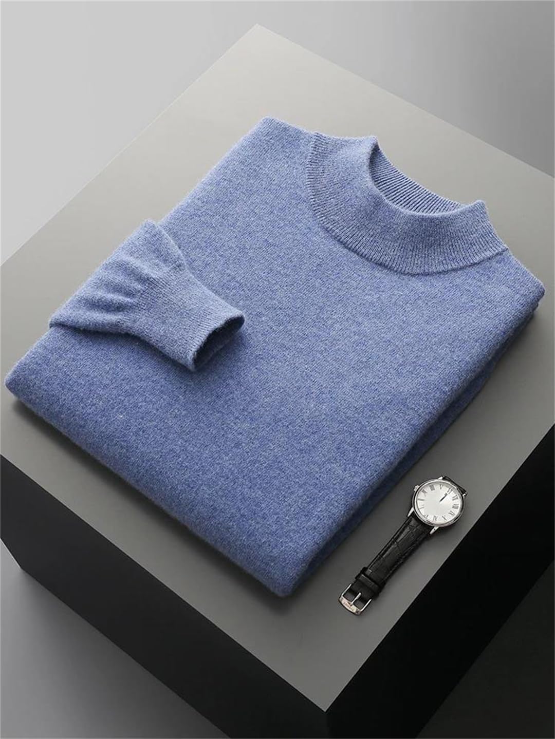 Men's Mock Neck Pullover Sweater 100% Wool Basic Long Sleeve Knitwear for Office Casual Wear