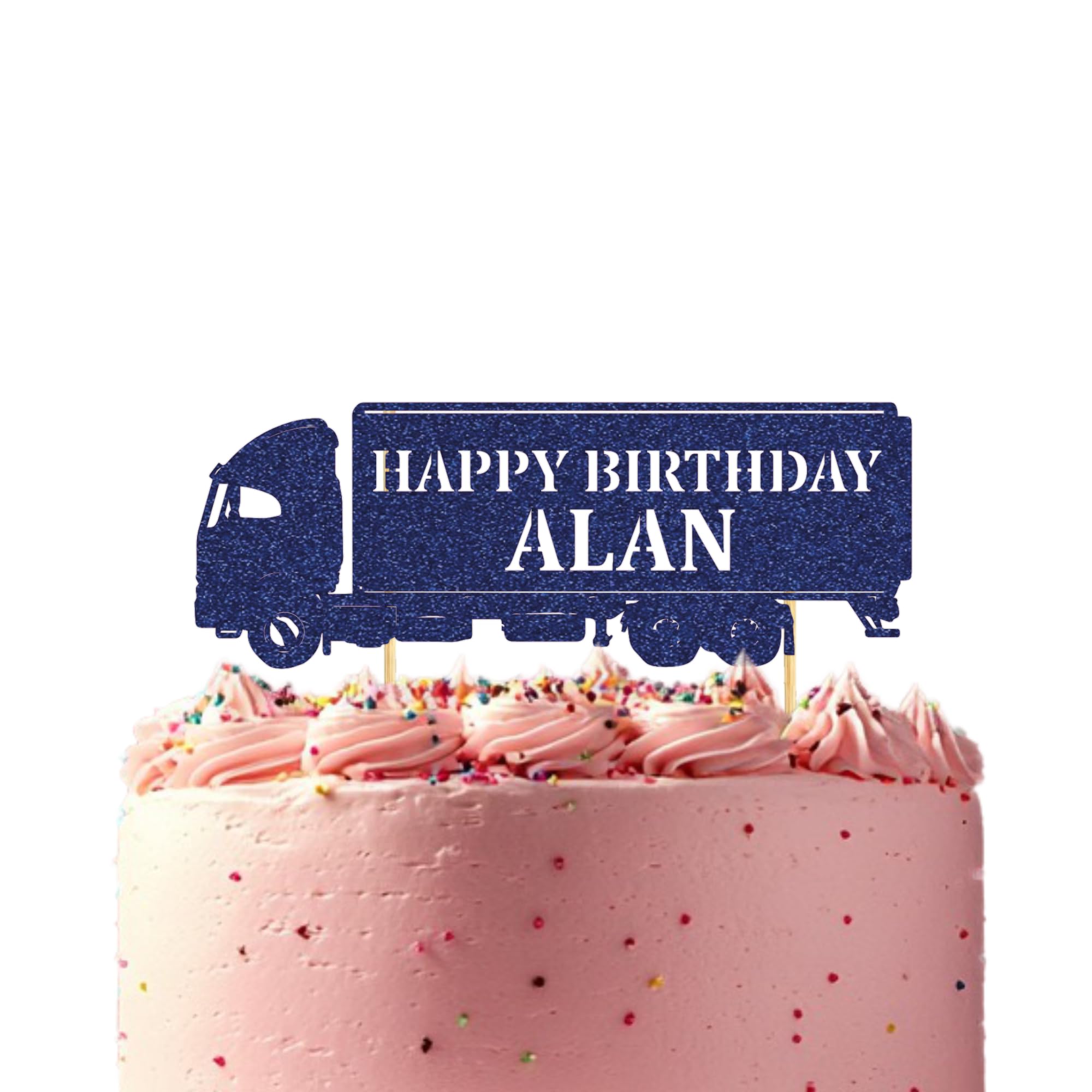 Customisable Lorry Truck Driver Cake Topper - Elegant, Personalised Decoration for Party Celebrations, Durable Glitter Card Design (Blue)