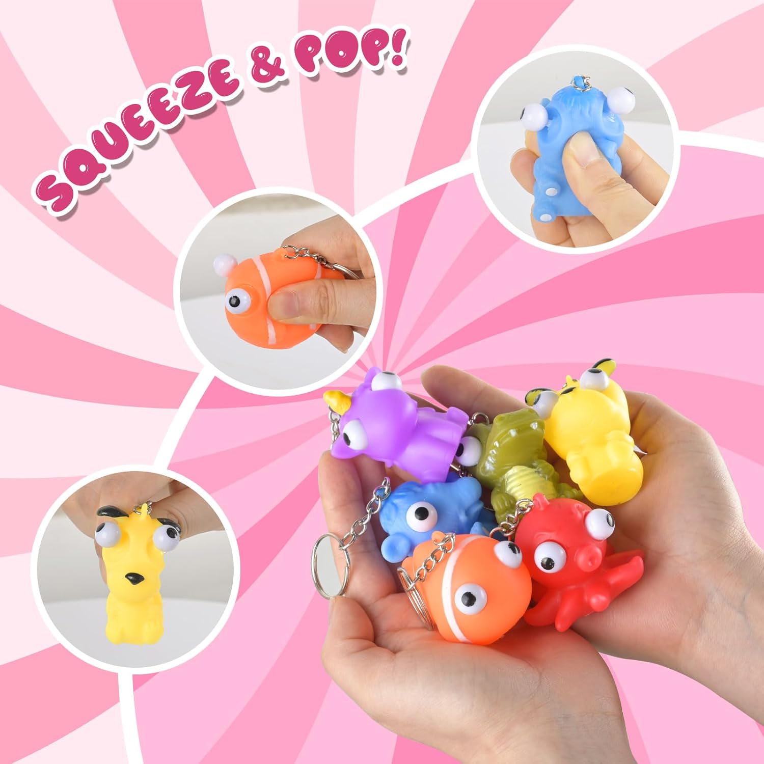Squishy Toys Kids Party Favors - 12 Packs Popping Eyes Animal Keychains, Fidget Toys Bulk for Kids Goodie Bag Stuffers , Birthday Party Supplies, Easter Basket Fillers