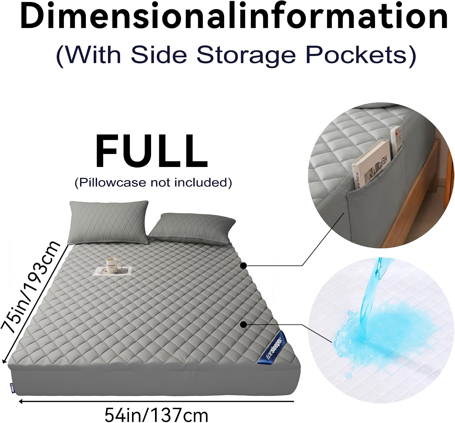 Mattress Cover, Waterproof Mattress Protector Ultra-Soft and Breathable Machine Washable Suitable for Home Bedroom and Hotel Use （Gray Full）