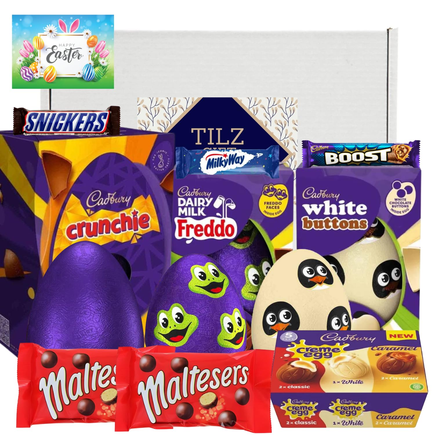 TilzEaster Eggs Chocolate Gift Hamper - For Cadbury Chocolate Easter Egg and Nestle Variety Bars, Easter Chocolate Gifts For Kids, Dairy Milk, Buttons - Mini Eggs