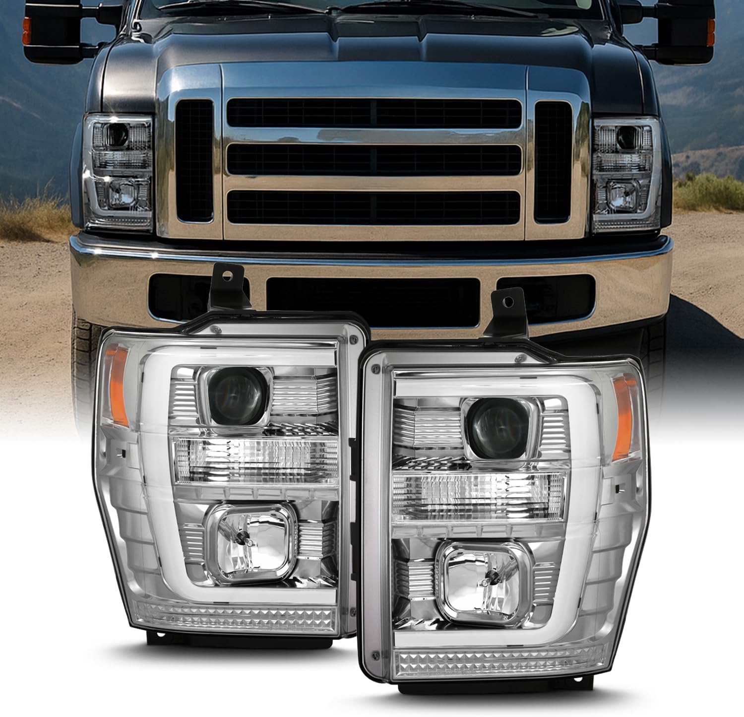 AKKON - For 2008-2010 Ford F250 F350 F450 F550 Superduty LED Tube Projector Headlights Driver+Passenger Pair