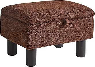 Aibiju Small Foot Stool Ottoman with Storage, Teddy Velvet Foot Rest with Wood Legs and Safety Hinge Flip Top, Bedside Step Stool Rectangle 16x12x9.5inch for Living Room Bedroom Teddy Brown YD-JD136B