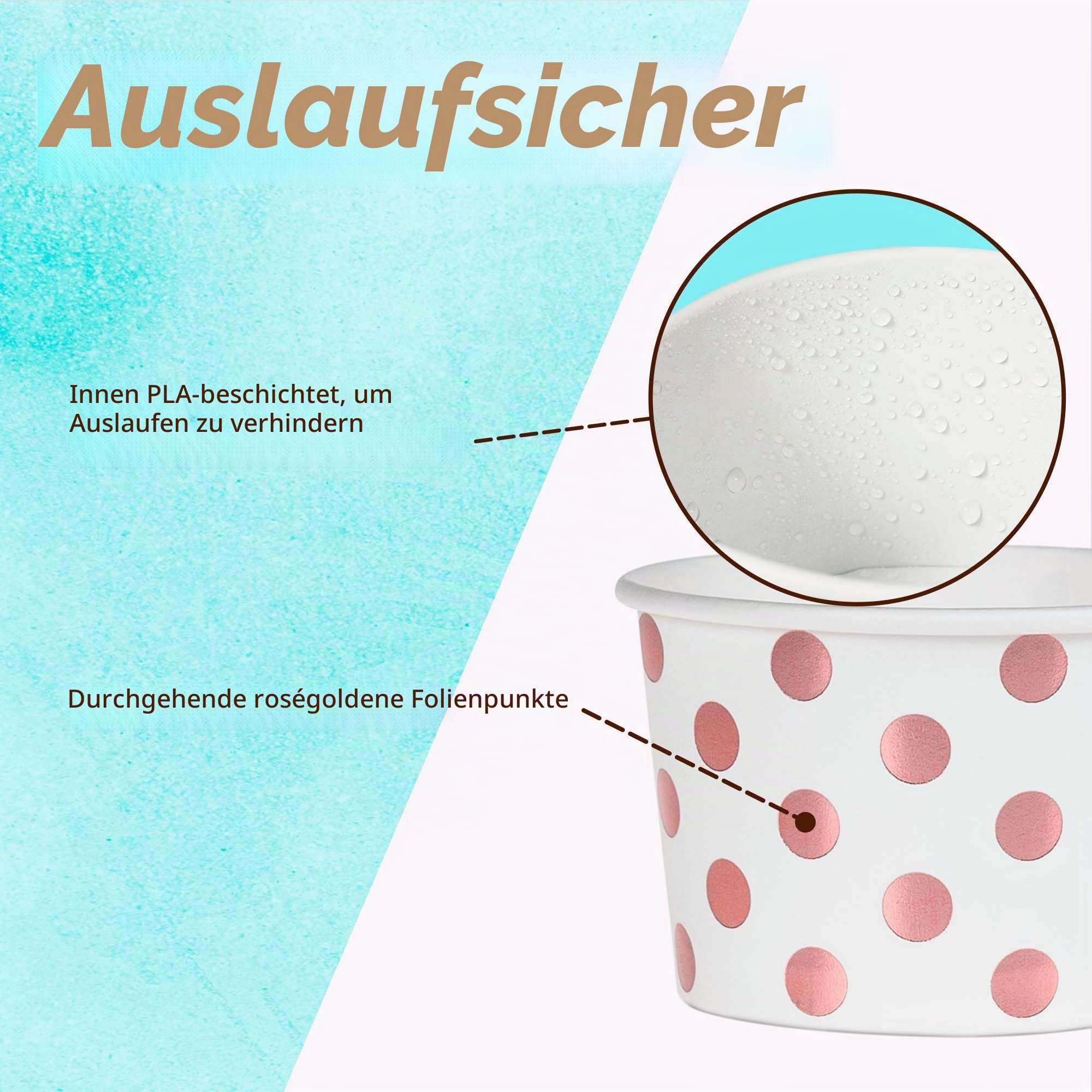 MATICAN Papp-Eisbecher, 50 Stück, 255 ml, Einweg-Dessertschalen für Heiß und Kalt, Roségold Folien-Punkte