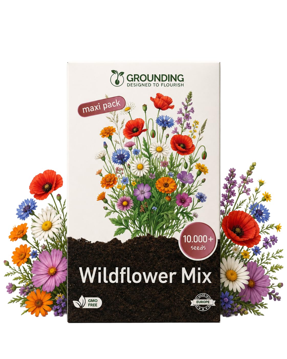 Grounding Maxi - Wildflower Mix Seeds Multicolor, 10000+ seeds - Rustic meadow effect, attracts pollinators (bees & butterflies) - European Quality