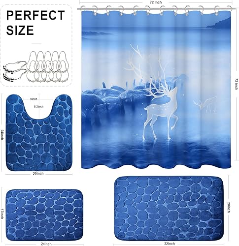 Miniatura 3 de Navy Blue Bathroom Sets with Shower Curtain and Memory Foam Bathroom Rugs and Non Slip U Shaped Toilet Rugs Shower Curtain Set 4 Piece for Perfect