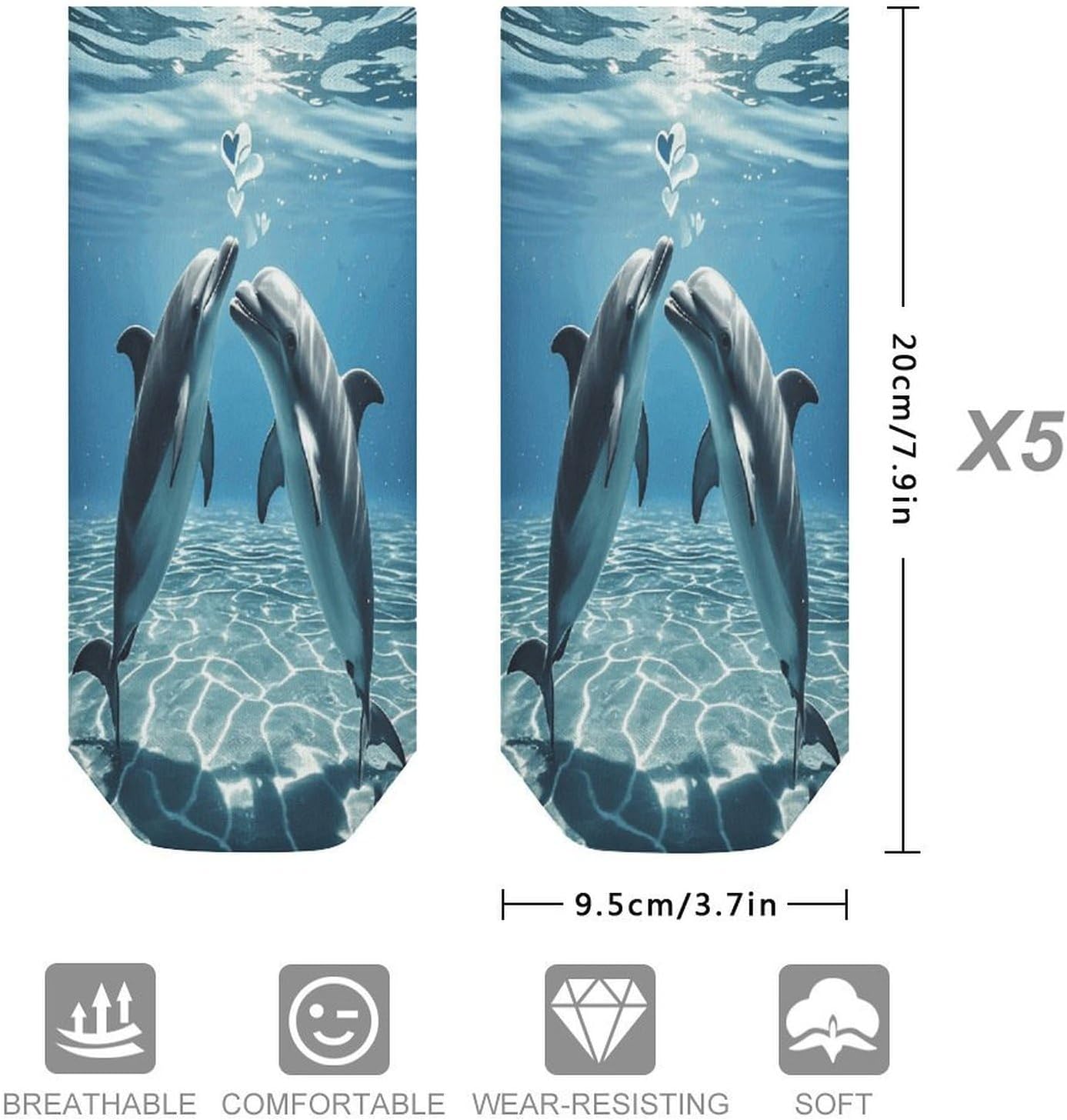 Socks for Men Women 5 Pairs Short Ankle Socks | Dolphins in Love Low Cut Casual Crew Sock Cute Breathable Athletic Socks Non Slip No Show Sock