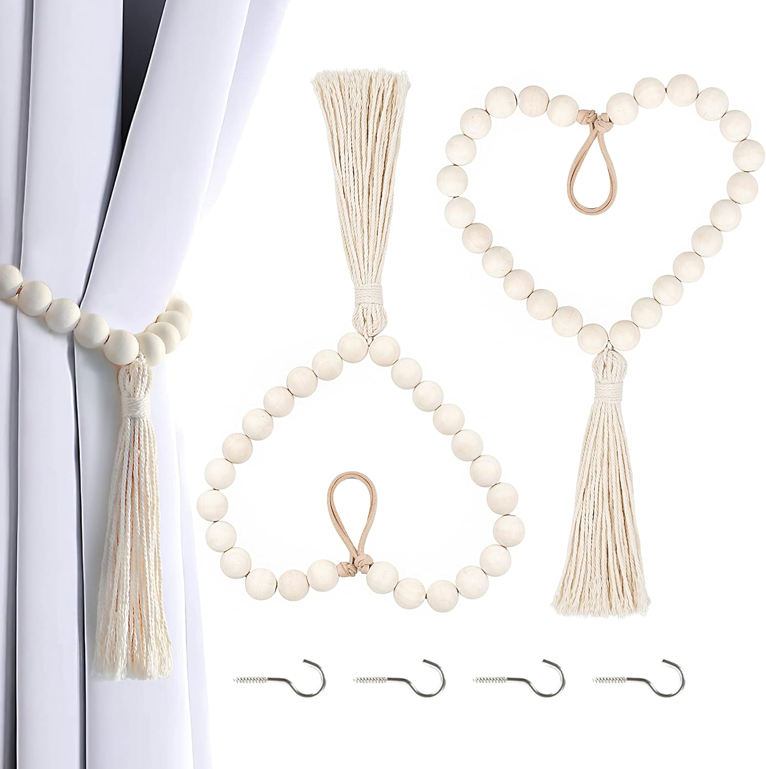 OCIOLI 2 Pieces Curtain Tiebacks Curtain Holdbacks Curtain Ties Wood Bead Curtain Tieback with Tassels & Meter Hooks Curtain Tie Backs Curtain Hooks for Drapes (Natural / 2)