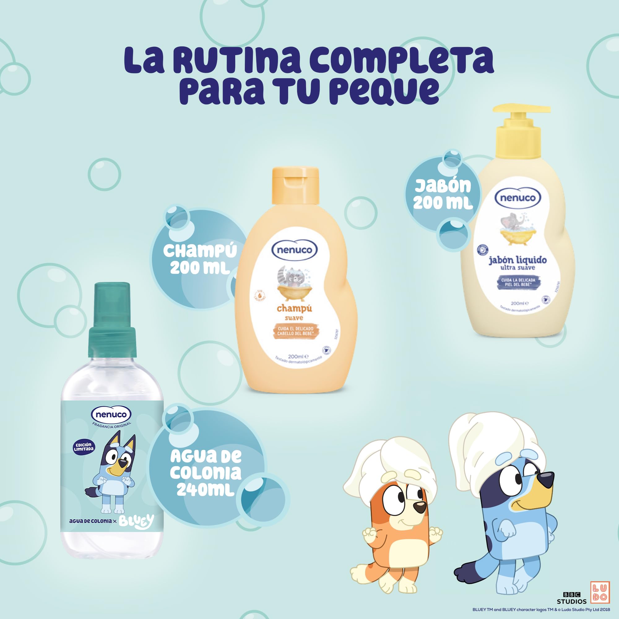 Nenuco Pack Infantil Mochila Bluey – Edición Limitada, con Champú Suave 200 ml, Jabón Líquido 200 ml y Colonia Nenuco 240 ml