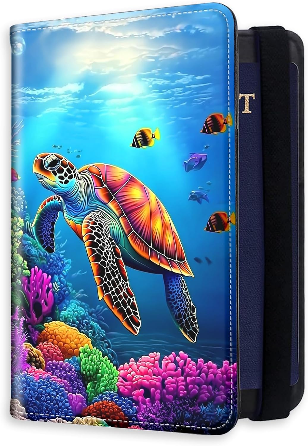 RFID Blocking Passport Holder for Travel, Passport Cover Case for Travel Document Organizer Passport Card Holder, Passport Wallet with Card Slots for Women & Men, Colorful Sea Turtle
