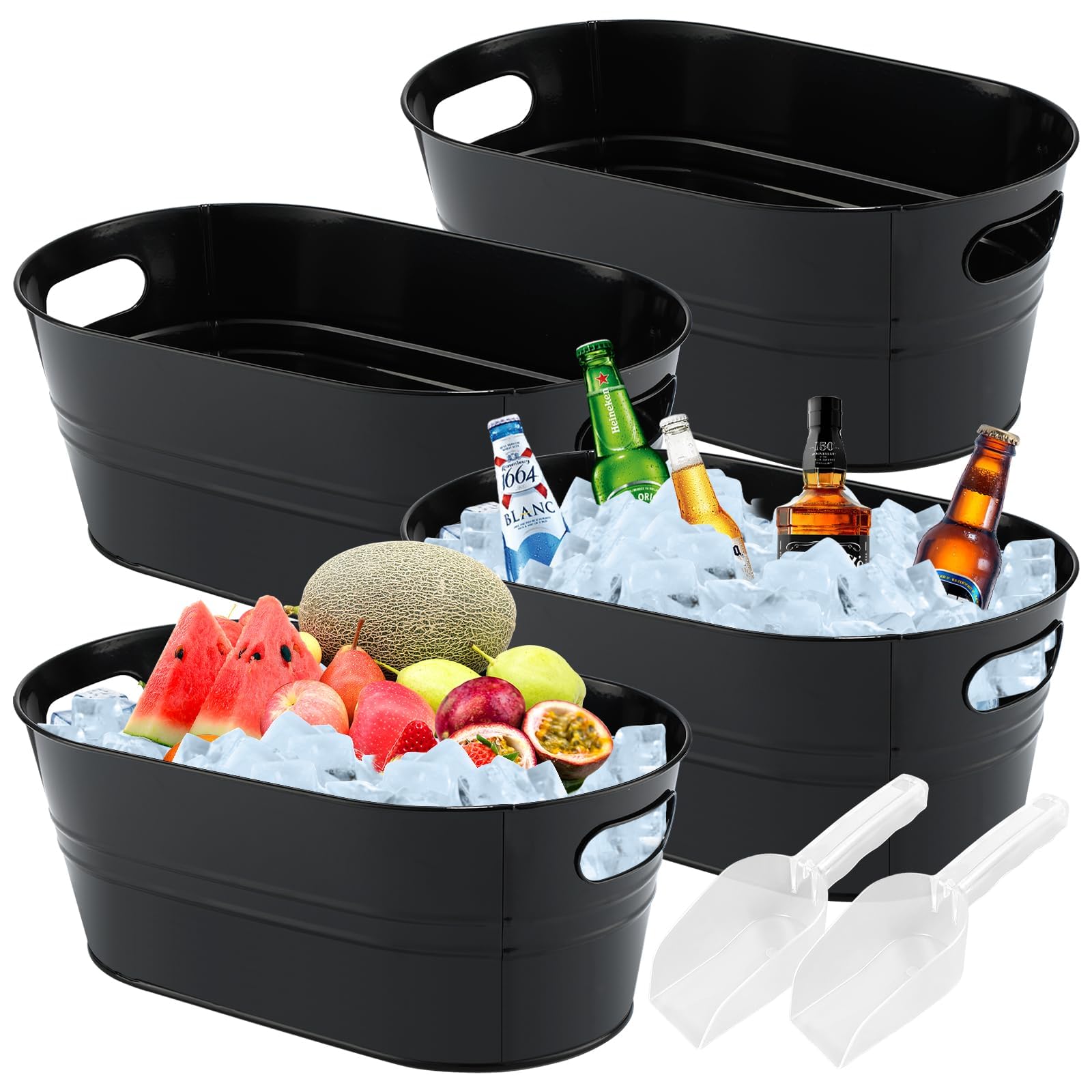 Paquete de 4 cubos de acero galvanizado para bebidas con asas, ideal para fiestas, barbacoas y bares, botellas de refrigeración, latas de cerveza o refrescos