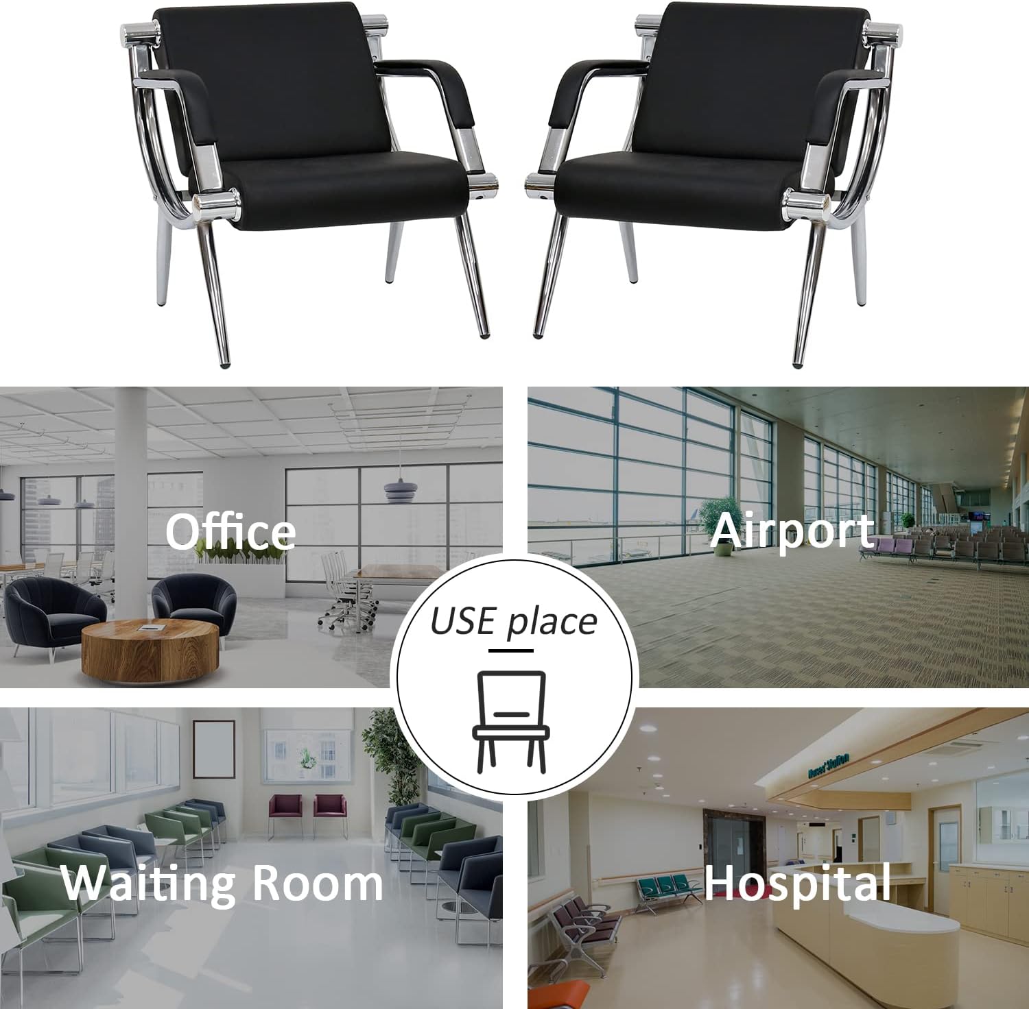 Black Leather Waiting Room Chairs Set of 2 Office Guest Chair Office Guest Chairs & Reception Chairs for Guest Reception, Salon Barber Office